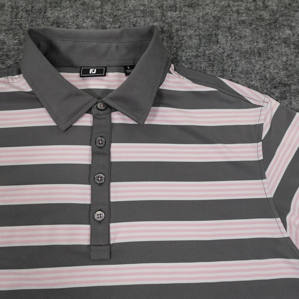 FootJoy Polo Shirt Mens Large Gray‎ Pink Stripe Performance Golf Stretch